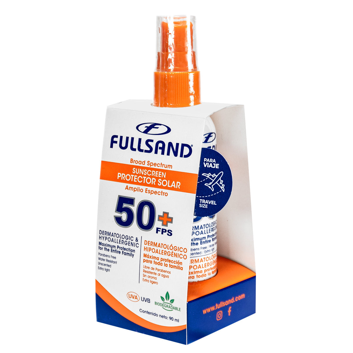 FULLSAND Bloqueador Solar En Spray Para Viaje FPS 50+, Protector Solar Certificado Para toda la familia 90 ML.